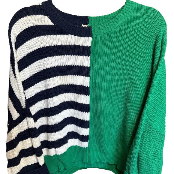 JS71 Colorblock Striped Sweater Knitted Crewneck Navy Blue Green Size M / L - Picture 3 of 10